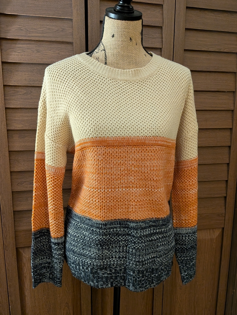 Colorblock Knit Sweater - Cream, Orange & Blue